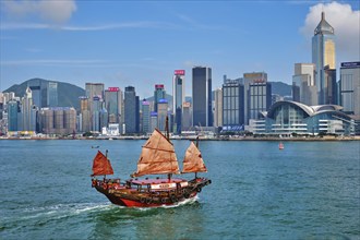 HONG KONG, CHINA, MAY 1, 2018: Hong Kong skyline cityscape downtown skyscrapers over Victoria