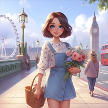 Cute anime girl on bicycle with flowers in the city of London. AI generated