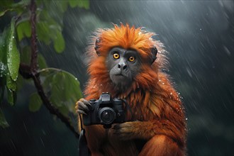 Titi monkey holding a camera under a heavy shower in the rainforest, AI Generated