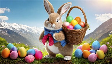 Easter, the Easter bunny with a basket full of colourfully painted Easter eggs, KI generated