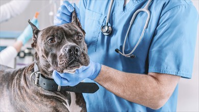 Image of a bulldog being examined at the clinic. Two doctors. Veterinary medicine concept. Taking