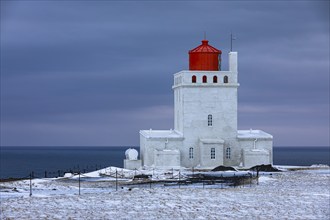 Dyrholaey lighthouse at blue hour, Sudurland, Iceland, Europe