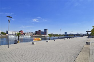 Ludwigshafen, Germany, August 2022: Rhine river and walking promenade, Europe