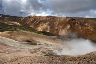 Steaming hot springs and colourful rhyolite mountains, Hveradalir geothermal area, Kerlingarfjöll,