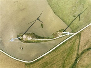 Windmills on a wind farm near Zahara de los Atunes, aerial view, drone shot, Cádiz province,