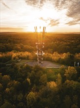 Aerial view of the Schönbuchturm in autumn forest at sunrise, Herrenberg, Germany, Europe