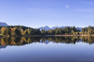 Photomontage, Hegratsrieder See near Füssen, moon, Allgäu Alps, Allgäu, Bavaria, Germany, Europe