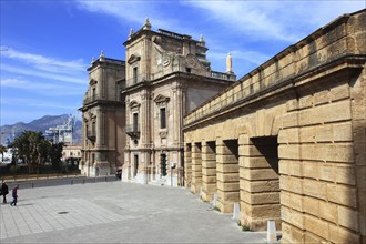 In the old town of Palermo, the historic Porta Felice gate at the port, Sicily, Italy, Europe