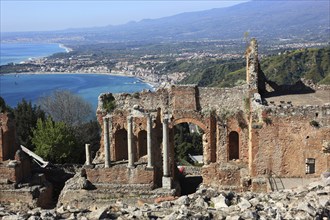 Taormina, view from the ancient theatre to the coastal landscape at Giardina Naxos, Sicily, Italy,