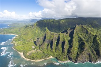 Aerial view Ke'e Beach, Haena Beach, Tunnels Beach, Kepuhi Beach, Kauai, Hawaii, USA, North America