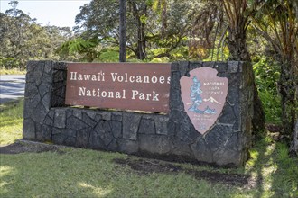 Entrance sign to Hawaii Volcanoes National Park, Big Island, Hawaii, USA, North America