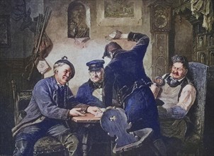 Vier Schafkopfspieler in einem Dorfwirtshaus, Kartenspiel, Männer, Deutschland, um 1885,