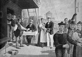 Vaccination aboard an ocean liner in 1884, Historic, digitally restored reproduction of an original