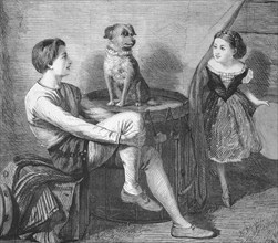 One asks Toby, boy and girl playing quiz with their little dog, 1869, France, Historic, digitally