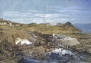 Construction site of the new port of La Spezia in 1868, Liguria, Italy, Historic, digitally