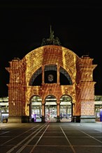 Archway on the station square, light installation at dusk, Lilu, Light Festival 2023, Lucerne,