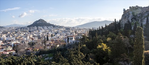 View from Areopagus Hill over the city, Old Town and Acropolis, in the back Mount Lycabettus