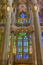 Interior view of the Familia Sagrada by the architect Antonio Gaudi in Barcelona, Spain, Europe