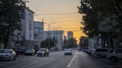 Dusk, street in Bishkek, Kyrgyzstan, Asia