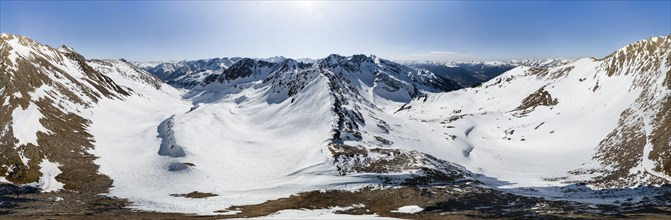 Alpine panorama, Mitterzeigerkogel, aerial view, peaks and mountains in winter, Sellraintal,