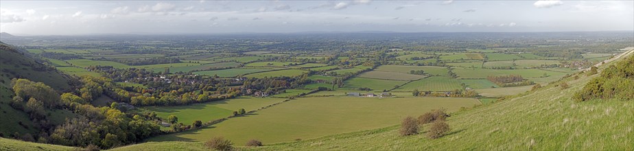 View of the village of Fulking from the South Downs Way near Brighton, panoramic view, Photomerge,