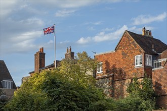 Chimneys, British flag, Winchester, Hampshire, England, Great Britain