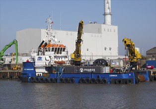 Voe Vanguard ship tug offshore service vessel, River Yare quayside, Great Yarmouth, Norfolk,