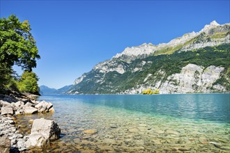 View from the shore of Lake Walen of the small chive island in the middle of the turquoise water at