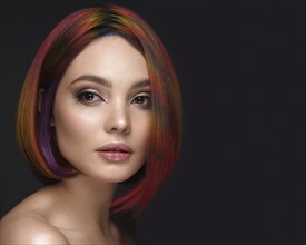 Portrait of beautiful woman with multi-colored hair and creative make up and hairstyle