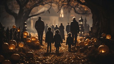 Spooky teenagers and children dressed up for halloween walking down the sidewalk together,