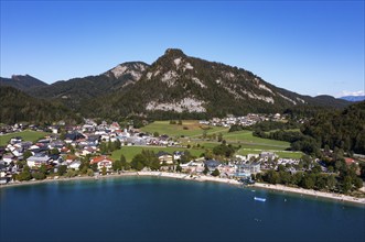 Drone shot, Fuschlsee, Fuschl am See, Alpine foothills, Salzkammergut, Land Salzburg, Austria,