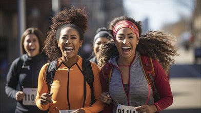 African american female friends enjoying an organized run together in their city. generative AI