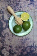 Limes with citrus squeezer on plate