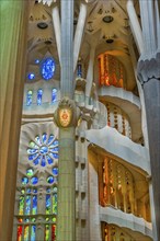 Interior view of the Familia Sagrada by the architect Antonio Gaudi in Barcelona, Spain, Europe