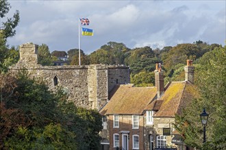 British and Ukrainian Flag, Town Gate The Landgate, Rye, East Sussex, England, United Kingdom,