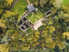 Top Down over Berry Pomeroy Castle from a drone, Totnes Devon, England, United Kingdom, Europe