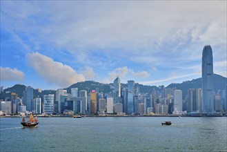 HONG KONG, CHINA, MAY 1, 2018: Hong Kong skyline cityscape downtown skyscrapers over Victoria