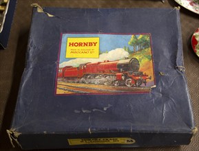 Boxed child's Hornby train set on display at auction room, UK