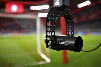 Overview Interior Allianz Arena, empty, TV camera, back gate camera, logo FC Bayern Munich,