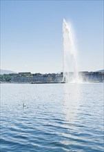 The Jet d'eau, the landmark in the Lake Geneva basin, Canton Geneva, Switzerland, Europe