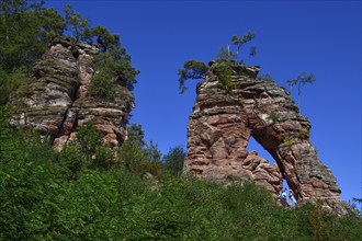 Hiker at the Schillerfelsen, red sandstone rocks on the Dahner Felsenpfad, Dahn, Südwestpfalz