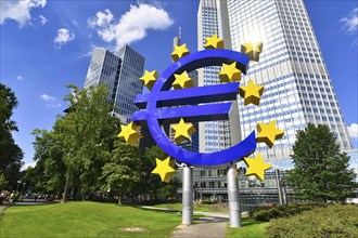 Frankfurt am Main, Germany, June 2020: large Euro sign at European Central Bank headquarters