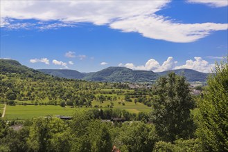 Arbachtal near Pfullingen, mountains, sky, clouds, green meadows, trees, landscape, view of