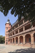 Red Isenburg Castle, Renaissance, red, corner tower, arcade, Main, Offenbach, Hesse, Germany,