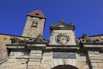 Coat of arms above the entrance and the Bulgarian tower of Veste Coburg, Upper Franconia, Bavaria,