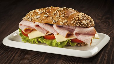 Panorama of ham sandwich with lettuce, cheese, tomato on plate on wooden table