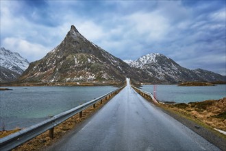 Road in Norwegian fjord. Lofoten islands, Norway, Europe