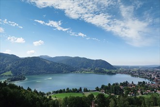 View of the beautiful Schliersee in August, Pre-Alps, Bavaria, Germany, Europe