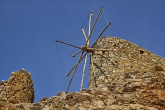 Old windmill, flour mill, Ambelos Pass, blue sky, Lassithi plateau, Lassithi, East Crete, island of