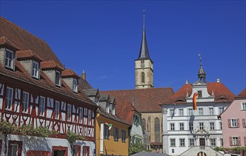 Town of Iphofen, market square with St. Vitus parish church and the town hall, Kitzingen district,